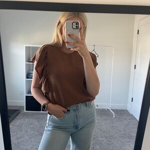 brown Ruffle sleeve ribbed top